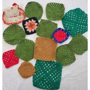 Vintage Lot of 15 Colorful Handmade Crocheted Doilies Potholders Hen Chicken